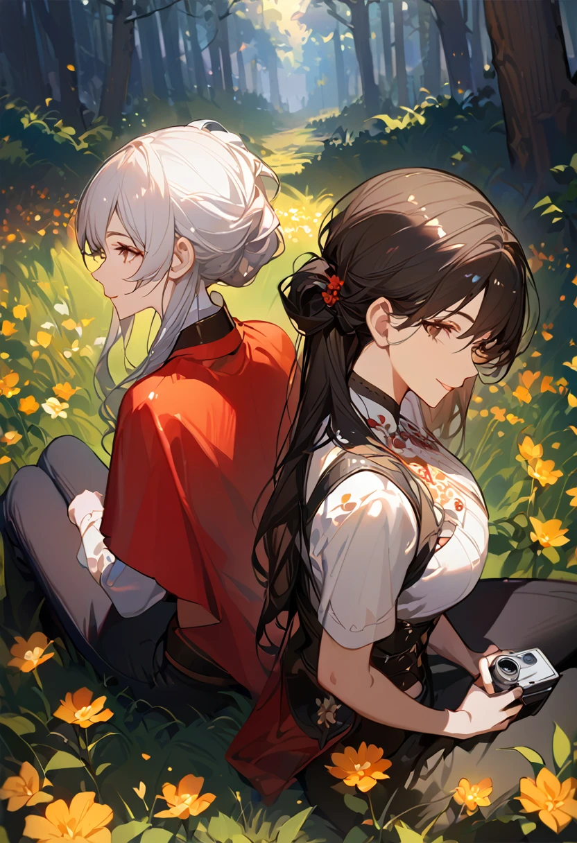 masterpiece, 2 female, back to back, backing each other, backing, dark brown hair, long hair, brown eyes, smiling gently, look away, white shirt, shirt by the shoulder, leather corset, black long pants, sitting, 1 female on the background, white long hair on the background, black clothes with red cape, face slightly facing up, flower field, forest background, camera pov from above slightly to the side, only showing black hair female face, white hair female on the back, 8k ,4k , best quality, high quality, masterpiece, embroidery  clothes, big chest, all kind of hairstyle, inspired by Asukaziye artist : ask, art style : ask