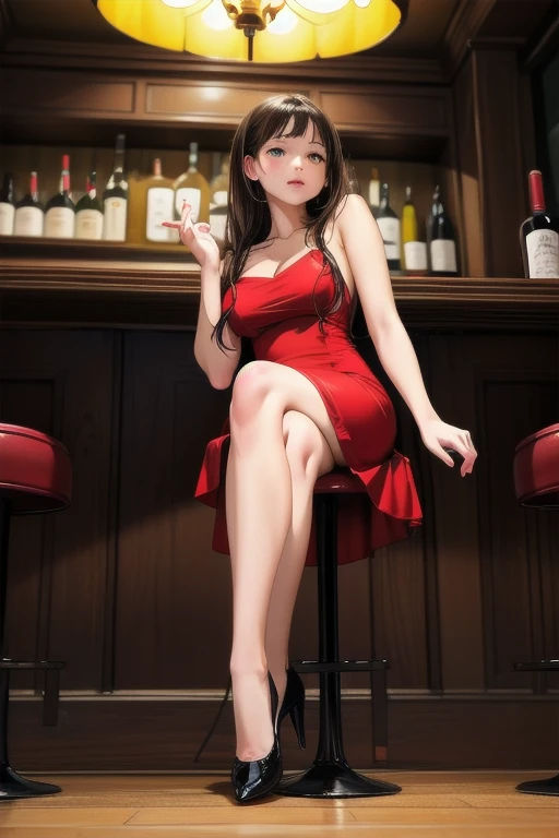 ((Best Quality)), ((masterpiece)), (Very detailed), 1 girl, with a short red dress, neckline, crossed legs, sitting, in a bar, 21 years, white panties,black heels,((Whole body)),((view from below))