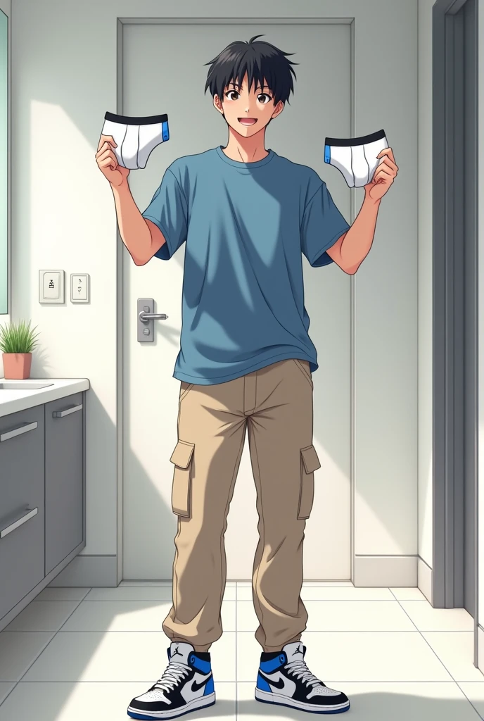 into the image, a cool teenager of 1,80 tall, with white skin and straight black hair, is posing in a bathroom. He wears a blue t-shirt and beige cargo pants., complemented by a pair of Air Jordan sneakers in blue, black andwhite. The young man is holding only a pair of underwear (of the boxer model), this underwear is white (medium-sized) with both hands, displaying it to the "Camera", with a happy and relieved expression. The bathroom in the background is modern and minimalist., with details like a large mirror and light tiles. The teenager&#39;s expression is relaxed and fun, besides him appearing relieved, giving a casual and informal tone to the image, In anime style, he only holds a pair of underwear (of the boxer model ) (the size he would wear as a teenager), (being held at chest height), and he looks like he just took off his underwear!