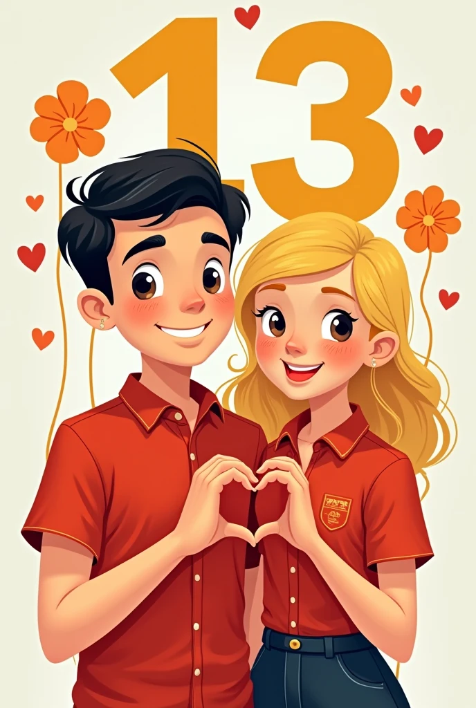Create a mascot for WhatsApp profile pictures that will symbolize an I.In the colors red and yellow, called 13zinho, which symbolizes a person, a candidate for mayor. The image must represent 2 young people, be it a man with short hair and a young blonde woman, Disney Pixar style. With 13 behind the image, the blouse must be red and the image behind the 13 must also be red. Have 13 on the blouse and 13 behind so that it is more visible. Make your hands come together and make the heart symbol.