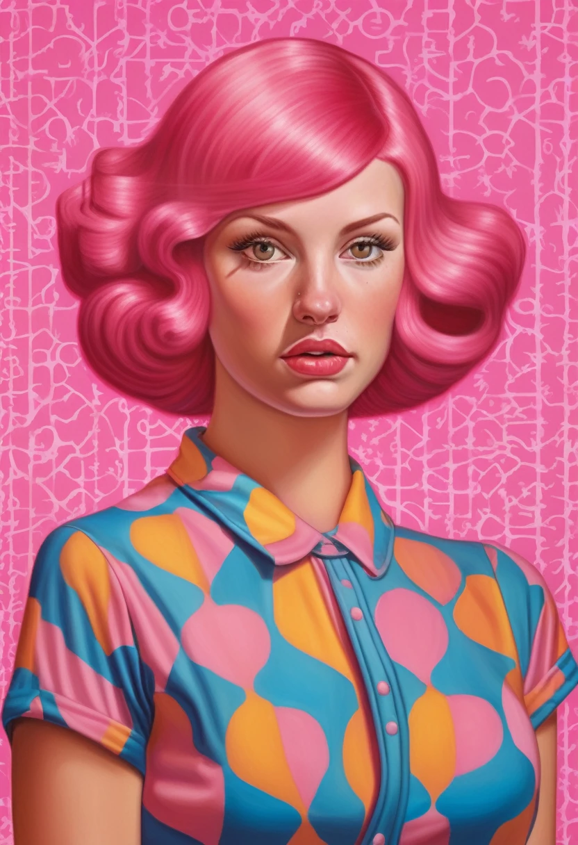 Alex Gross Style - alex gross painting of a beautyfull pink haired woman wearing a retro 70s romper, retro ovall shapes wallpaper