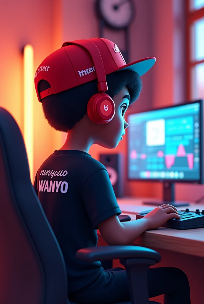 A young teenage 3d cartoon boy sitting down sideways facing his computer in his studio wearing a black shirt with a name written on his shirt written Unique Wanyo and a red heat with a headphone and a scarlet microphone and on his hat with a name written One Street Vibez Music 