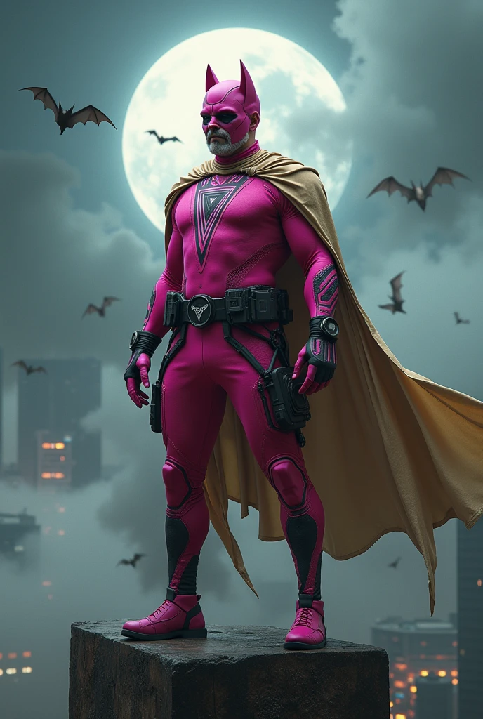 Malaysia man in high-tech suit, vivid effects, malaysian superhero (KELUANG MAN) in a striking pink and beige costume cyberpunk design, mask small mini bat ear beige, daredevil biage mask, jumpsuit dark pink stands confidently in a dramatic.jumping from high place.hero costume. Big triangle logo on the chest. Punisher logo on the chest. Fighting pose , stormy landscape. ((Head covered node guard like batman. Running pose , athletic body type, small mini ear bat mask))The character wears domino mask a helmet with pointed mini torn ears and a flowing cape biege, open nose and mouth. Equipped with visible futuristic weapons on a belt,bullet proof jacket pink dark day.show fingers pose, dark night, big supermoon effect . Small logo on chest triangle shape small punisher logo center triangle cyber logo center on chest pink logo mini logo . rocky. Building top.smoke ground , bomb effect background, losse pants, losses costume.adding to --ar 3:4 --style raw --stylize 500 --v 6.1. chaos. Lot of small flying bat. One leg on the high stone. Man . Real man age 40 year old. One hand holding belt.one hand holding black rope hanging on building