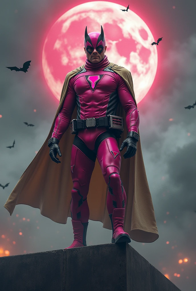 Malaysia man in high-tech suit, vivid effects, malaysian superhero (KELUANG MAN) in a striking pink and beige costume cyberpunk design, mask small mini bat ear beige, daredevil biage mask, jumpsuit dark pink stands confidently in a dramatic.jumping from high place.hero costume. Big triangle logo on the chest. Punisher logo on the chest. Fighting pose , stormy landscape. ((Head covered node guard like batman. Running pose , athletic body type, small mini ear bat mask))The character wears domino mask a helmet with pointed mini torn ears and a flowing cape biege, open nose and mouth. Equipped with visible futuristic weapons on a belt,bullet proof jacket pink dark day.show fingers pose, dark night, big supermoon effect . Small logo on chest triangle shape small punisher logo center triangle cyber logo center on chest pink logo mini logo . rocky. Building top.smoke ground , bomb effect background, losse pants, losses costume.adding to --ar 3:4 --style raw --stylize 500 --v 6.1. chaos. Lot of small flying bat. One leg on the high stone. Man . Real man age 40 year old. One hand holding belt.one hand holding black rope hanging on building