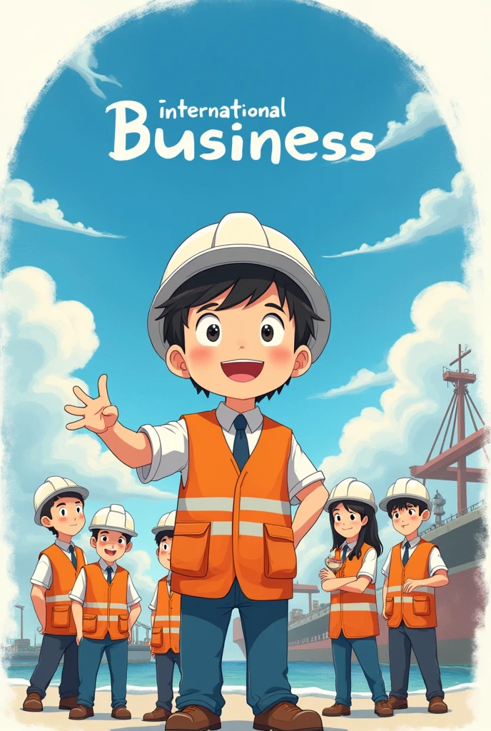 Hello, I want a picture of a cute international businessman, young, Happy and smiling,with big eyes and short hair, Studio Ghibli themed. In the background there is a blue circular watercolor with clouds, the port in the background and a text above that says International business. More animated in Ghibli drawing format and with an orange safety vest and white helmet, and he is speaking in full body with 5 of his coworkers at the port