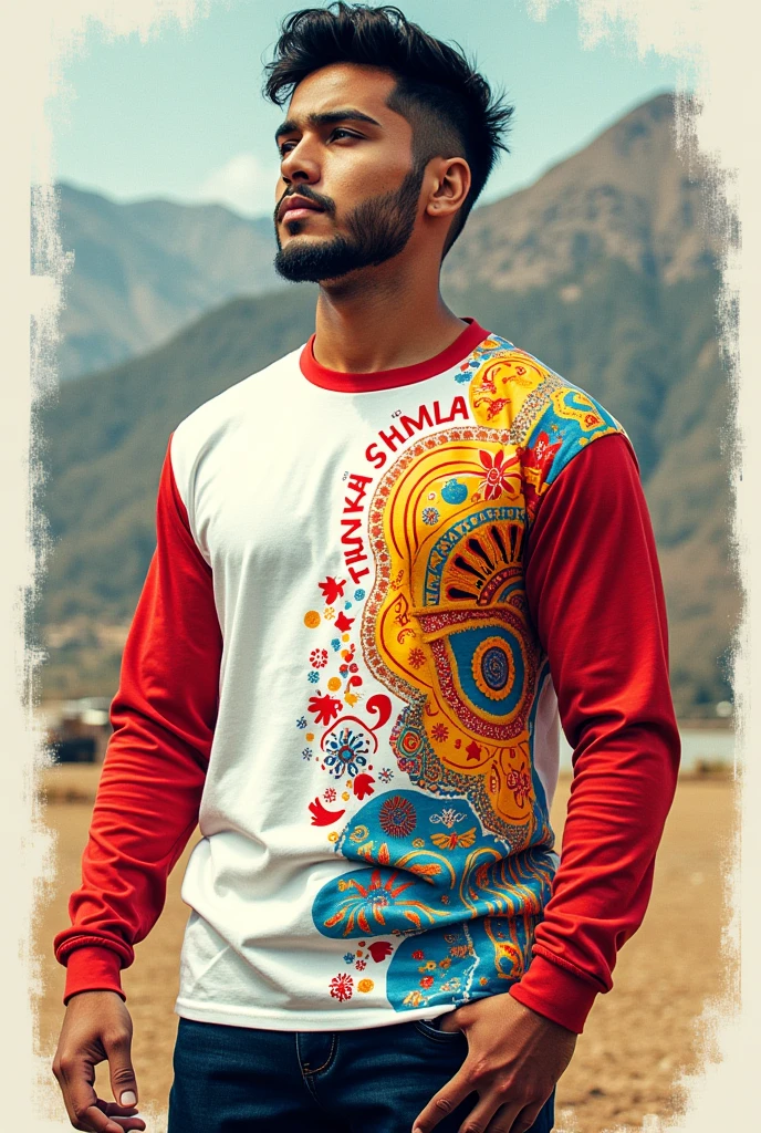 Long sleeve t-shirt with a white base color and adding the Crimson Red color, Sun Yellow and Light Blue that says Tinku Khunpa small on the right side and that have things that represent Bolivia and its aguayo