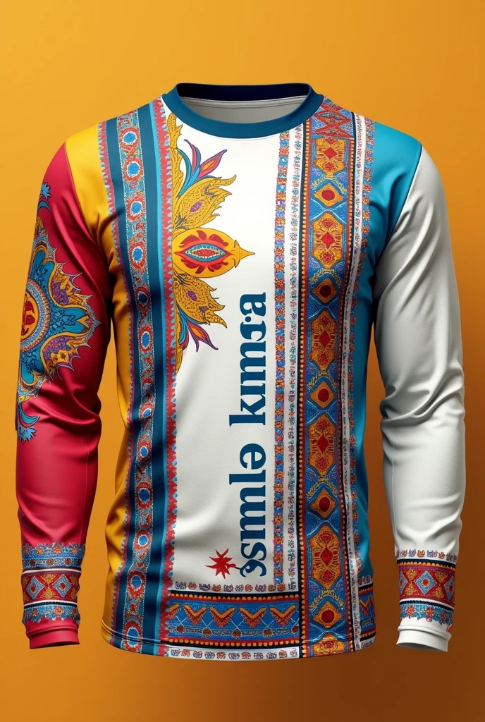 Long sleeve t-shirt with a white base color and adding the Crimson Red color, Sun Yellow and Light Blue that says Tinku Khunpa small on the right side and that have things that represent Bolivia and its aguayo