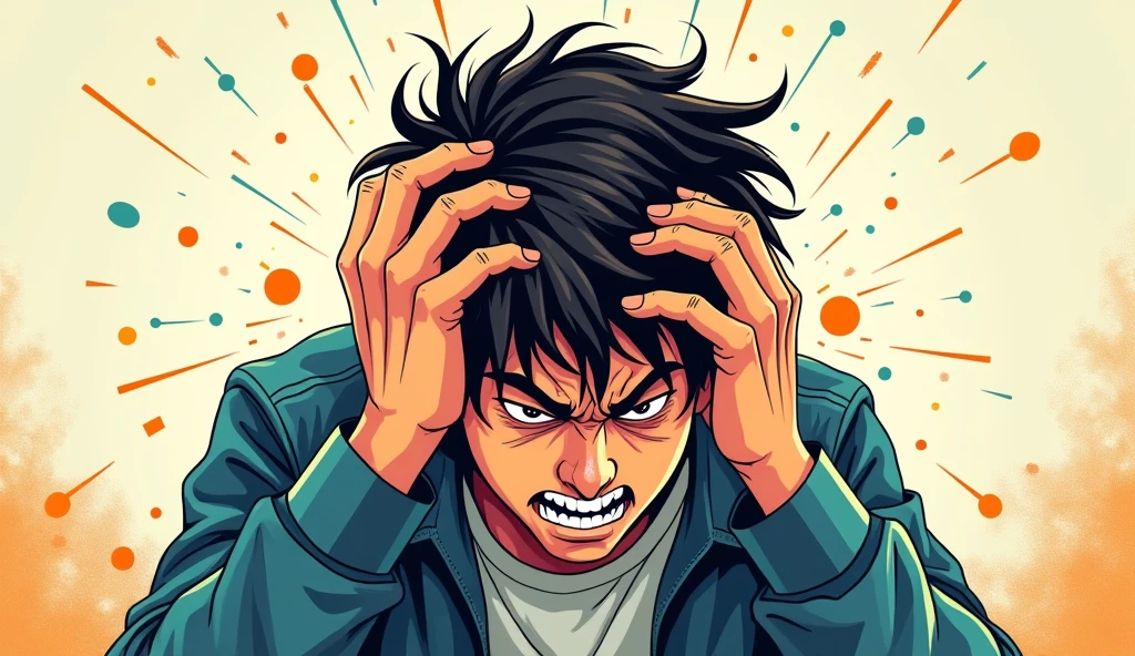 Create a manga style image with colorful highlight dots on the image, In this image I need to portray a dramatic scene of someone who can no longer stand working in underemployment