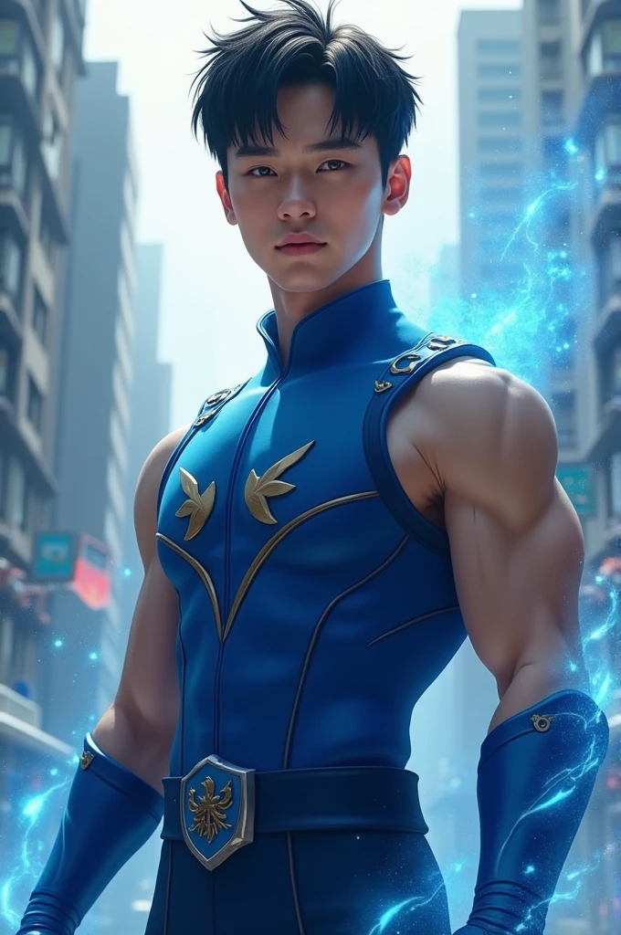 Short hair handsome korean man. Hero outfit color blue. He was wearing a sleeveless before. He has power of zodiac signs. Sleeveless