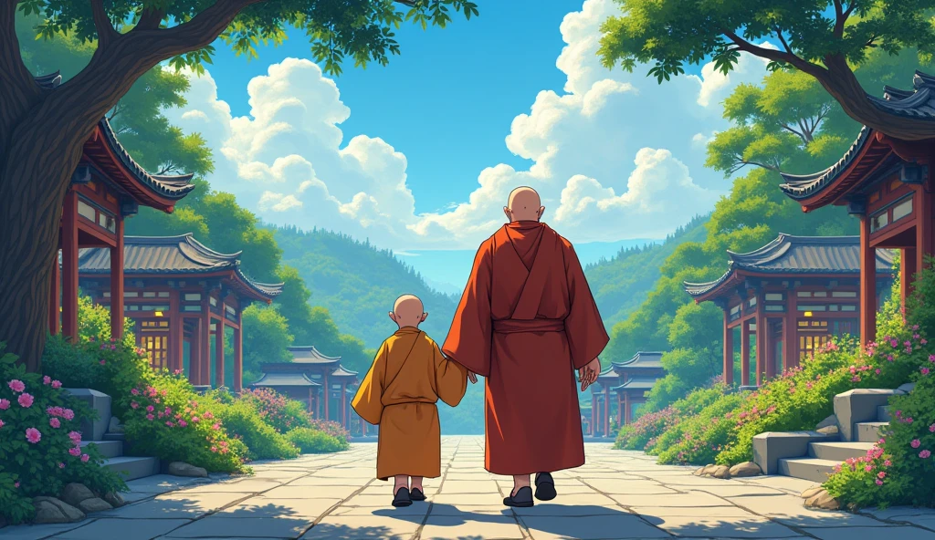Bald fat monk sensei, Bald monk desciple, walking, surrounded by temples, trees, beautiful scenario, in anime style, colourful, standing,