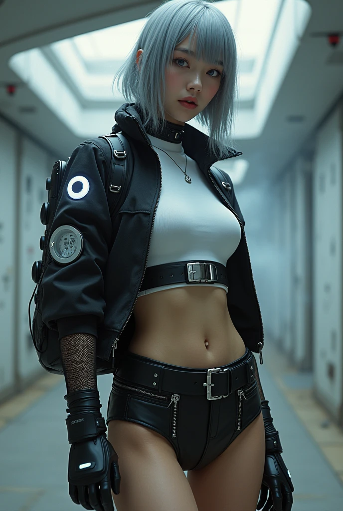 (nsfw:1.2), masterpiece, Best Quality, Realistic, Create an image of a beautiful young Japanese woman embodying futuristic fashion art. 18-years-old, The scene should have the highest quality and realism, She has an ultra-slim waist, medium firm breasts, a medium-sized buttocks, and beautiful sexy legs, showcasing sculptural beauty. Her skin is white and silky, with a thin neck and small head. April is dressed in a striking white and black military print bodysuit paired with a sleek black leather belt with a futuristic metallic buckle and low-rise black leather skirt with zipper accents. She wears a sheer black mesh bomber jacket adorned with white and black military patches, chunky black combat boots with silver hardware. Her look is fierce and bold, complemented by black fingerless gloves with white LED lights and high-tech accessories. adding an edgy attitude. Her outfit is completed with a white and black military print backpack with multiple compartments, merging functionality with style. exuding a hint of rebellion, embodying the essence of future street-chic fashion. The wear hugs her body tightly, accentuating her curves and digging sensuously into her skin, hyper small head and face, wide Duck mouth, half open mouth, perfectly aligned teeth, perfect beautiful wide teeth, light blue eyes, half open eyes, shiny Droopy eyes, gray hair, looking other, She is situated within the interior of a futuristic colony, in the deep night, with mist drifting and steam rising from concrete
