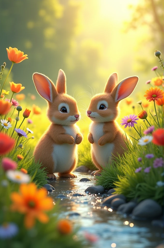 A lush, sunlit meadow with colorful wildflowers and a sparkling stream. Two rabbits, Hazel and Thistle, are exploring the meadow.*