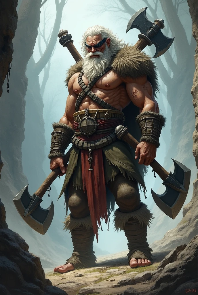 Create a barbarian rpg character, human with a large scar on his face covering both eyes making him almost blind in both eyes, White hair, medium length curly, is holding two axes in his hands, and on his back a large axe