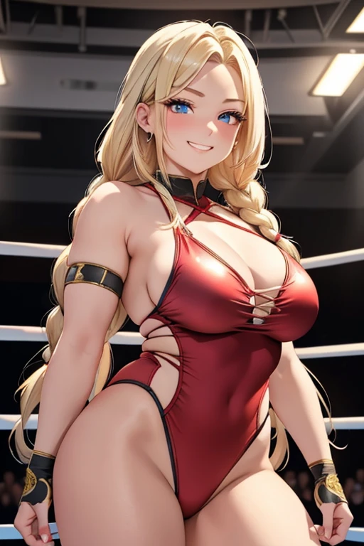A beautiful blonde woman with three braids and deep red eyes, gazing condescendingly at the viewer with a cute grinning expression, extremely detailed, masterpiece quality, ultra-detailed, HDR, studio lighting, vivid colors, physically-based rendering, thick thighs, she is a strong wrestler, wearing wrestling wear, in the ring