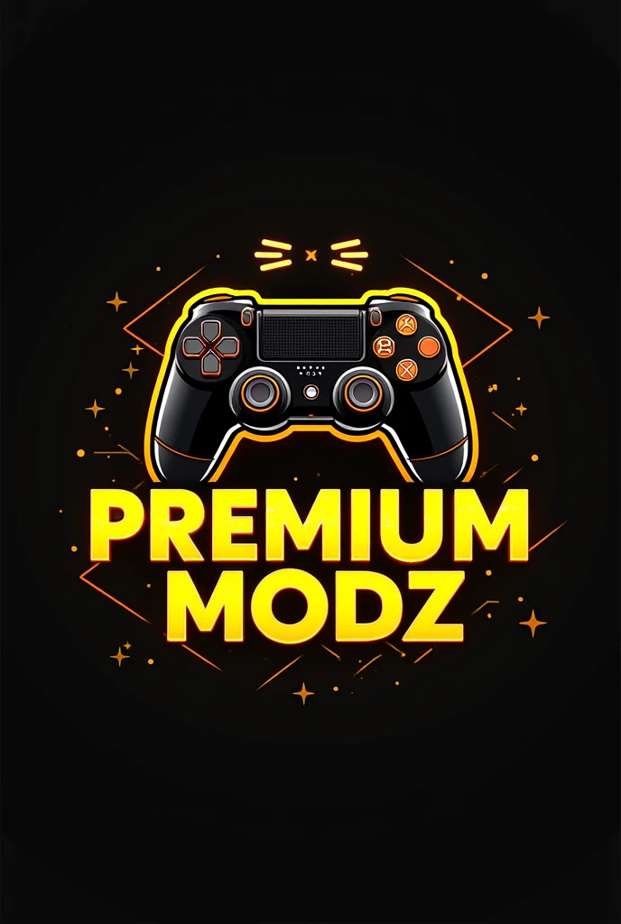 This is a gaming logo that features the name "PREMIUM MODZ" in a futuristic font and a neon Golden color. and Boy Anime avtar, The logo also has a stylized controller Icon. The logo is designed to be attractive and eye-catching, and to appeal to gaming enthusiasts and