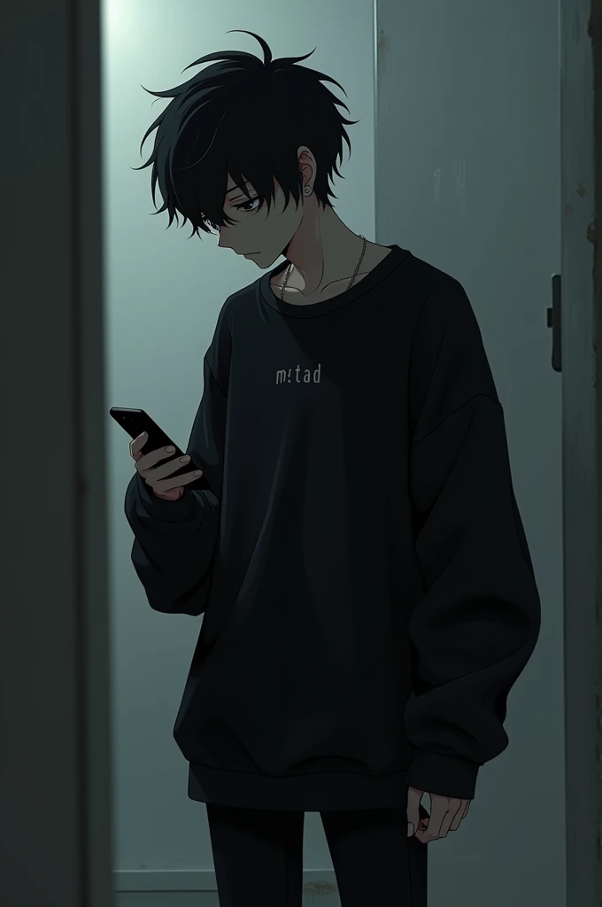 Anime emo boy with short black hair with cell phone in hand, black sweatshirt and black pants