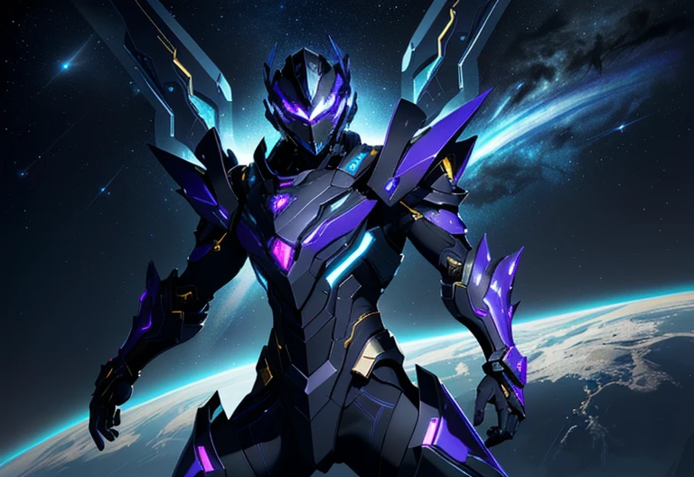 It's a man. The image presents a highly detailed and futuristic armor designed for a male warrior. The armor combines elements from different parts to create a cohesive and powerful look. Helmet: The helmet features a sleek, aerodynamic design with a golden metallic finish. It has a central crest that rises upwards, and the visor glows with a bright blue light, giving it a high-tech, futuristic appearance. Pauldrons (Shoulder Pads): The shoulder pads are designed to be close to the chest, with angular lines extending smoothly toward the shoulders. They have a polished golden finish and curve elegantly upward, creating a harmonious transition between the chest and shoulders, while providing a majestic and protective look. Chest Plate: The chest plate is intricately segmented, with a combination of gold and dark metallic blue. It has a gem-like crystal in the center that emits a soft, mystical glow. The design of the chest plate is both protective and regal, with sharp, angular lines that add to the overall futuristic aesthetic. Arm Guards: The arm guards are sleek and streamlined, with articulated golden and purple segments that offer flexibility and protection. The design of the gauntlets is both robust and elegant, incorporating futuristic elements that blend with the classic style. Leg Armor: The legs are armored with segmented plates that are primarily gold and purple. The boots are angular and sturdy, with a design that conveys both strength and agility. The overall look of the leg armor is grounded yet sleek, completing the ensemble with a powerful stance. The background of the image is a dark cosmic scene, filled with distant stars and nebulae that highlight the polished surfaces of the armor. Dynamic lighting is used to emphasize the key features, particularly the glowing visor and central chest gem, reinforcing the mystical and imposing nature of the warrior.