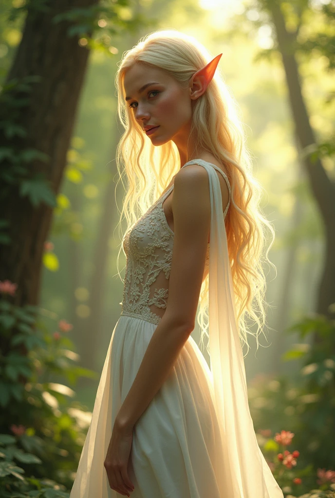 Beautiful elve lady with long blonde hair in one piece white dress
