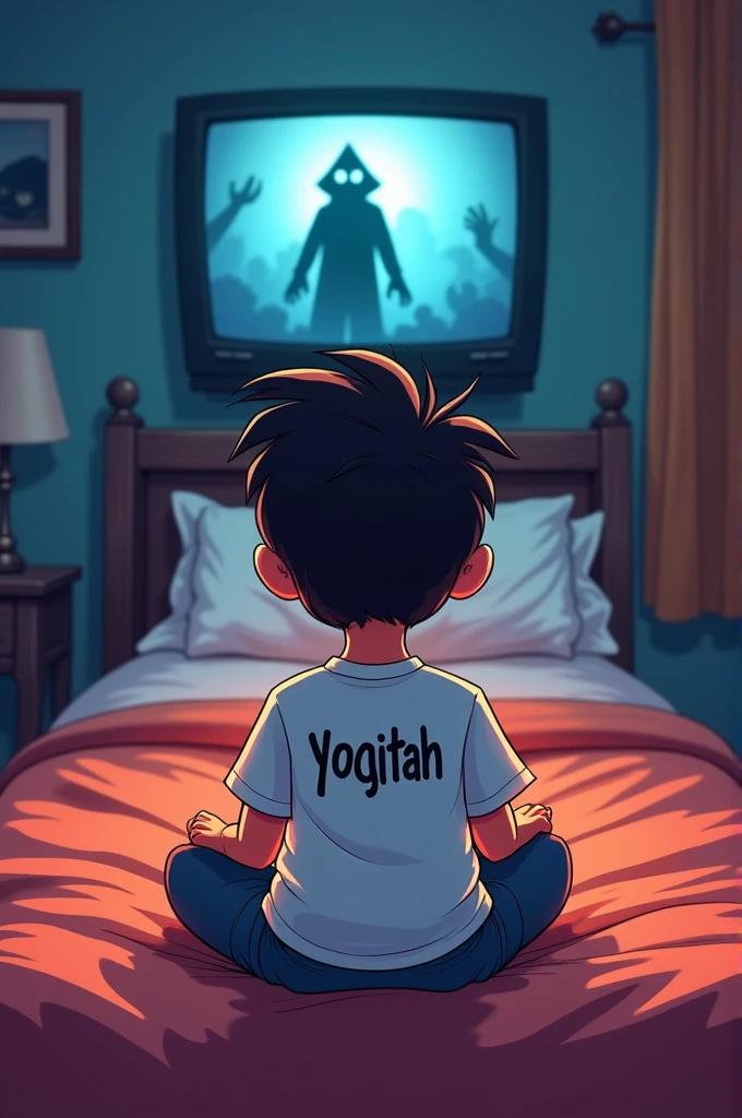 one boy sit on the bed and watching shaitan movie boy name is yogesh written on the t shirt 2d cartoon 