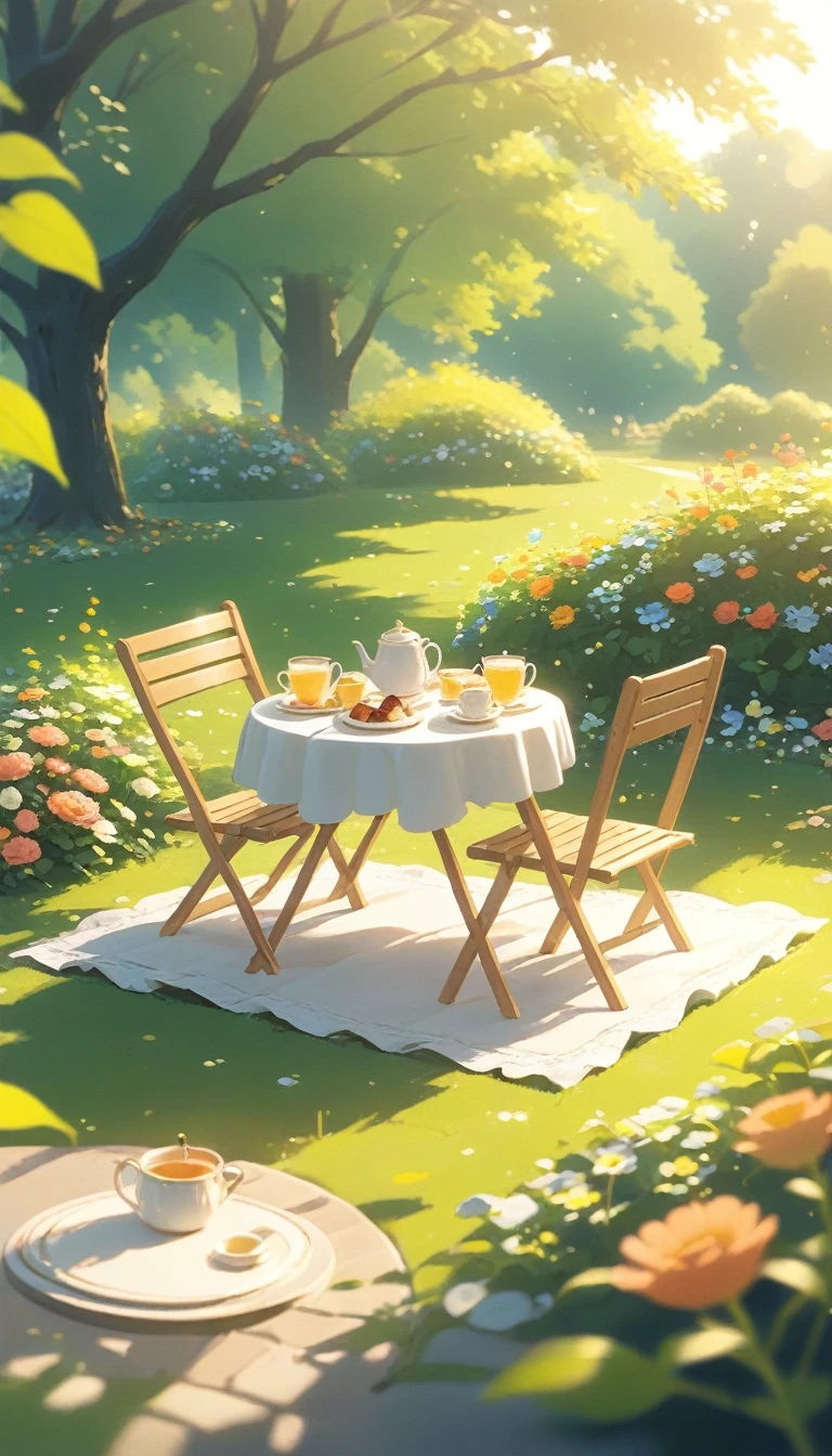 landscape Afternoon Tea, Flower garden Cozy,Orange Pink ,picnic , There are no human characters,No people