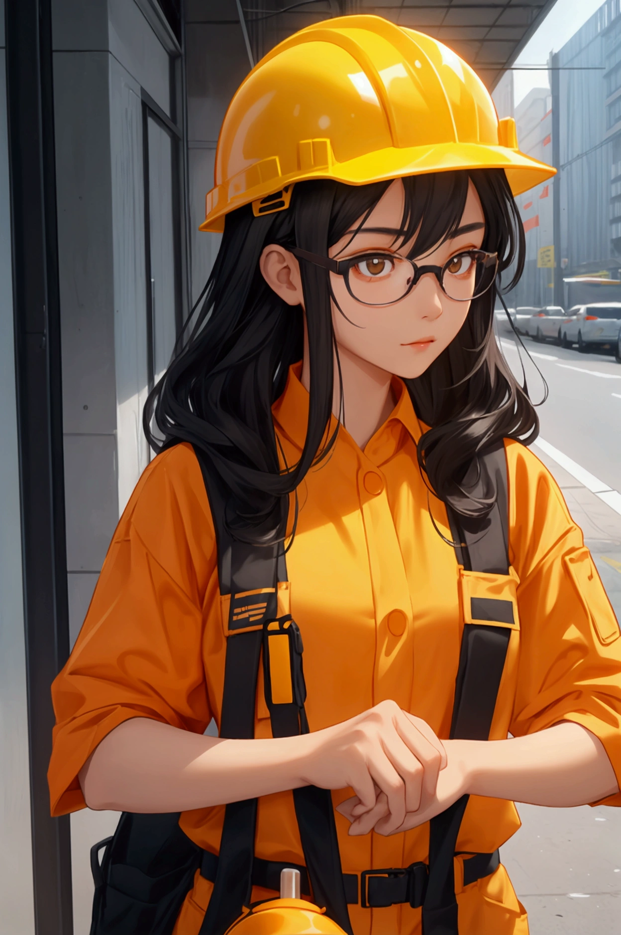  Asian girl with long black hair. Wearing glasses.Wearing orange construction worker outfit and yellow construction helmet. Shy facial expression.