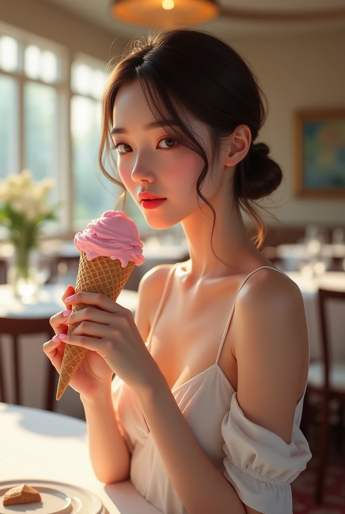 A beautiful realistic girl with soft body and eating pink icecream on restaurant and her navel ( stand like model