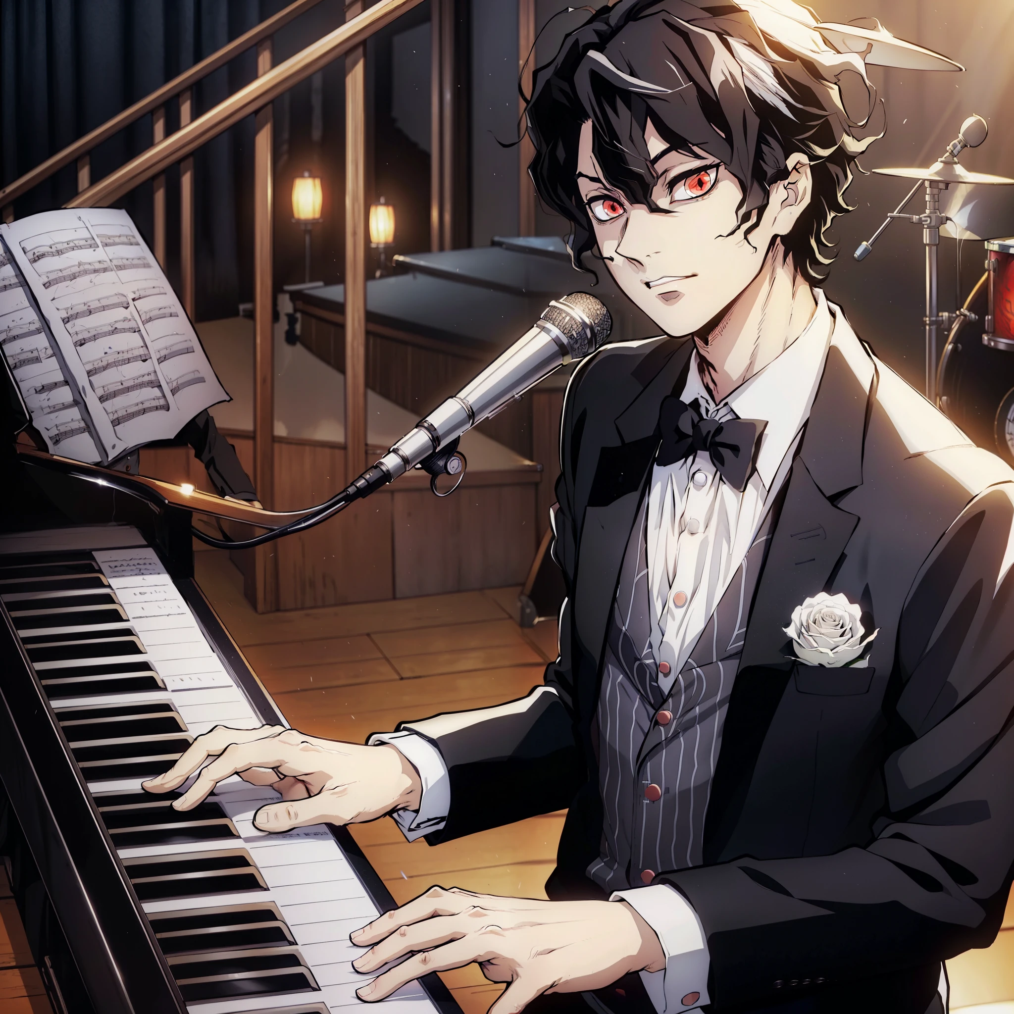 (masterpiece, best quality:1.2), kimetsu no yaiba style, MuzanMale, (1man, solo), (black short hair, wave hair), (red eyes, slit pupils), (black suit wear, white shirt, black bow tie, gray waistcoat, 1white rose in the suit pocket), playing piano, (singing, microphone), gentle smile, looking at viewer, BREAK (Jazz hall, (depth, sheet music, drums, soft lighting and a warm atmosphere))