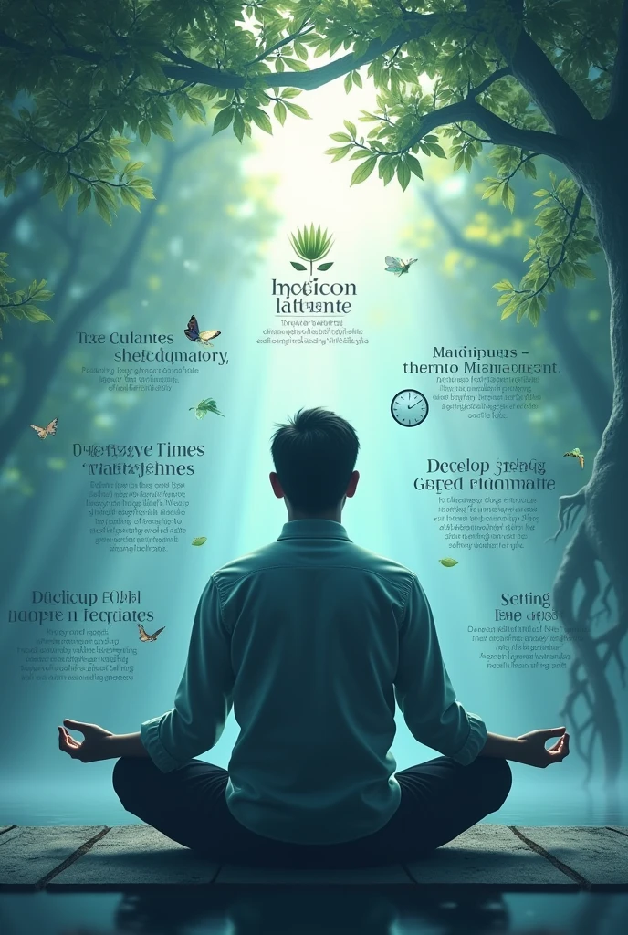 Create an image that visually represents the concept of building patience. The scene could depict a man calmly sitting in a serene environment, like a quiet park or a peaceful room, practicing deep breathing or meditation. Surround them with symbols of time and growth, such as a slowly blooming flower, a ticking clock, or a tree with roots growing deep into the earth. The colors should be soothing, like soft blues and greens, to evoke a sense of calmness and tranquility. The overall atmosphere should reflect serenity, mindfulness, and inner peace.written the points around the person which shows he practice these. 1. Practice mindfulness and relaxation techniques.
2. Maintain a healthy lifestyle.
3. Time management.
4. Develop strong support networks.
5. Set boundaries and learn to say no. 