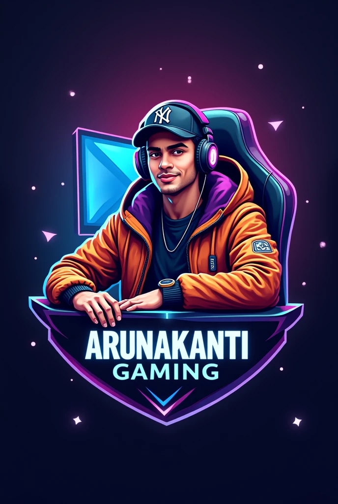 A youtube gaming channel logo with this name ARUNAKANTI GAMING, a young boy age 25 sitting on a gaming chair in front of a gaming desktop with hat and heatphone in head, looking cool and smart half body multicolored jacket
