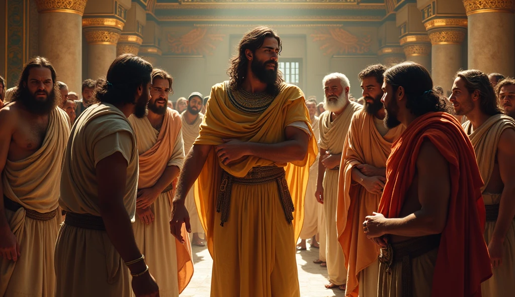 The emotional moment when Joseph of Egypt reunites with his brothers. Expressions vary between surprise and regret. The background is a large palace hall, with rich colors and elaborate details.