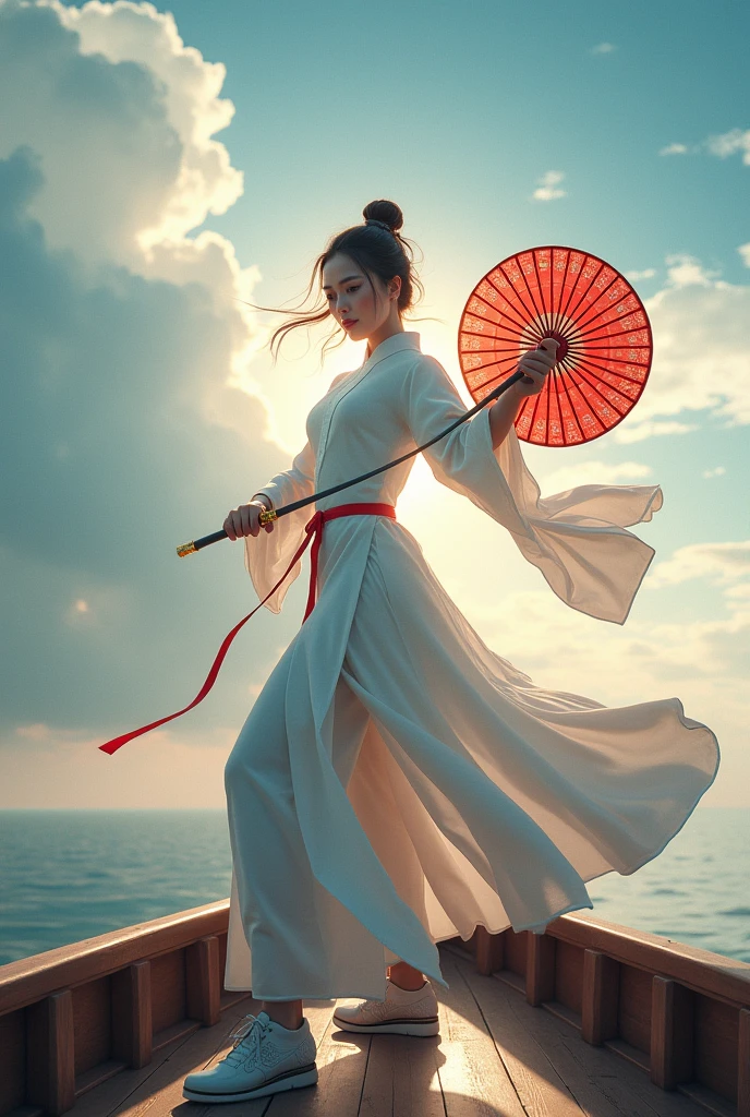 (masterpiece, best quality, beauty, best ratio, best shadows,best Illustration)
uhd,china female kungfu, korean beauty like tae yon, dancing, full face and posture fully visible, shining red eyes, windblown hair, wear white chong sam and traditional tai chi shoe, hoody,hand holding red chinese leaf fan and long sword,on the bow of the ship.bright sky and cloud seen on far away. use the RenderMan renderer.digital art. High definition, high contrast,high color saturation,128k,cinematic lighting, intricate,cinematic advertising photograph,cinema lens,high res.
Samsung Wallpaper size 1080×2400 pixels