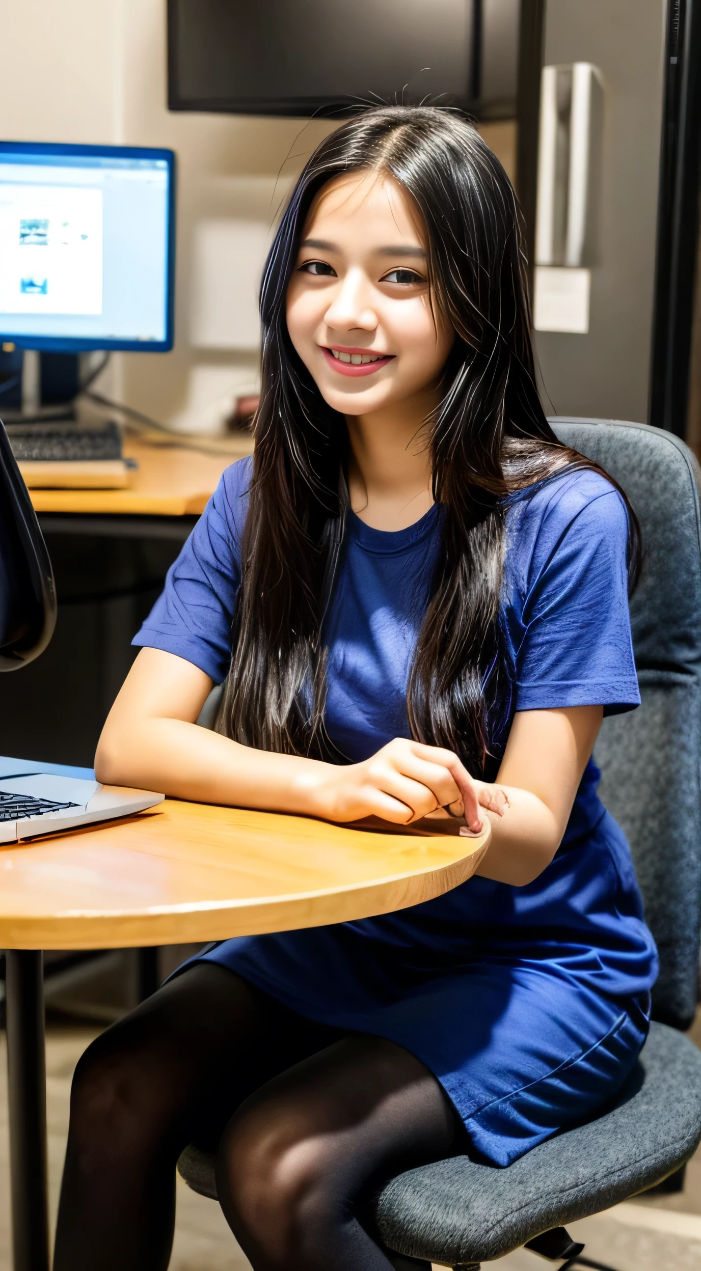 lovely cute young attractive age girl, village girl, 1, cute, an Instagram model, long black_hair, colorful hair, winter, wear indian saari blue color, sitting at chair in tech company,, clean face, realistic eye with detailing, working online on computer table, hold the mouse with right hand, smiling face,