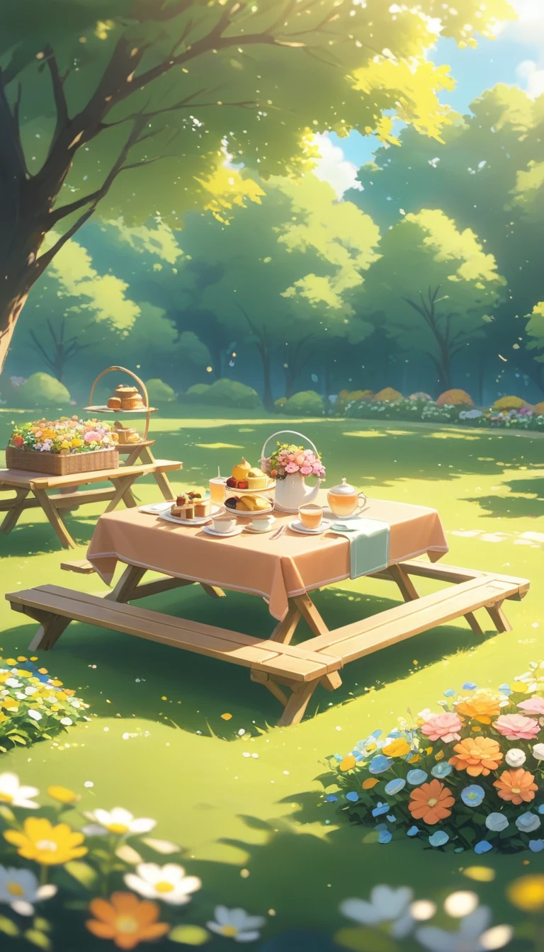 landscape Afternoon Tea, Flower garden Cozy,Orange Pink ,picnic , There are no human characters,No people