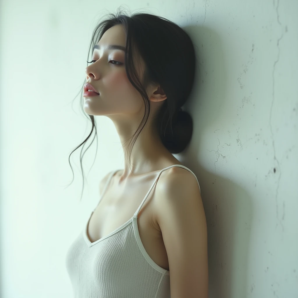 clone、Edit Photos,Highly detailed background,Ultra-realistic,Double exposure,Depth of written boundary,Beautiful silhouette super slim young video,Soft Focus Pure Tone,Story Scene,Plain lyocell camisole,Leaning against a concrete wall,From directly below,