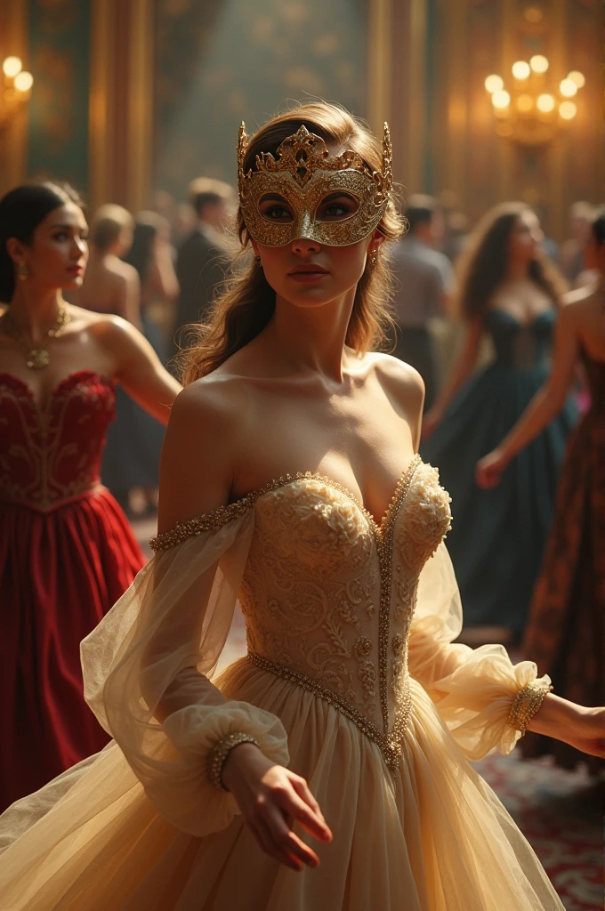 Beautiful queen with masquerade mask dancing in a long gown 