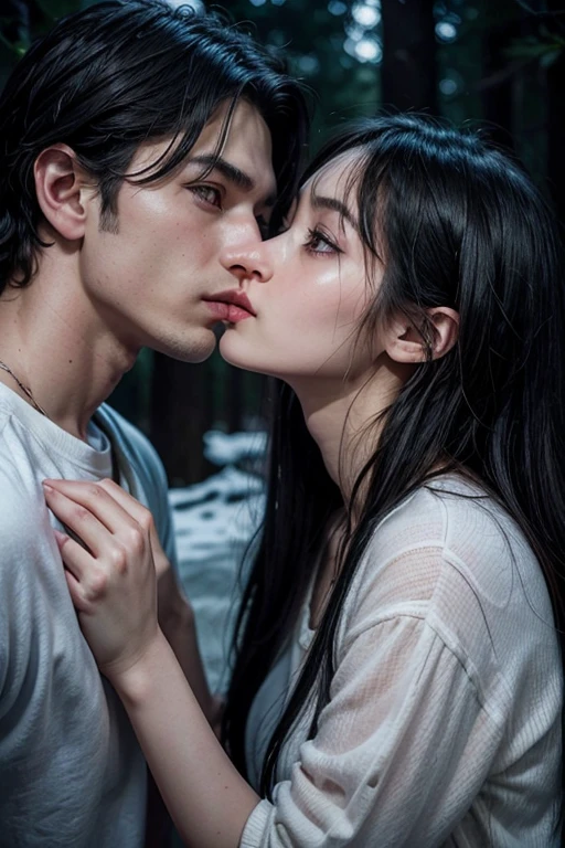 masterpiece, top quality, 2 others, couple, 1 man and 1 woman, Adults, height difference, different fashion, different color, blue and amber eyes and detailed face, intricate details, Casual clothing, Oversized shirt, forests, A smile , Happiness, sensitivity, high-level image quality、 1 man 1 woman、high、The upper part of the body, dusk, night scene、𝓡𝓸𝓶𝓪𝓷𝓽𝓲𝓬、couple kissing, professional photos, werewolf, hunter, almond eyes, seductive. very detailed, semi-realistic anime, lycanthrope, huntress, forbidden love, hyper-realistic teenager, a sheep, short hair above the ears, a woman with long black hair with a dazzling expression and a black-haired man with a distrustful expression., With a short-haired man with shiny black hair, Man with black hair, kissing together, Kissing,