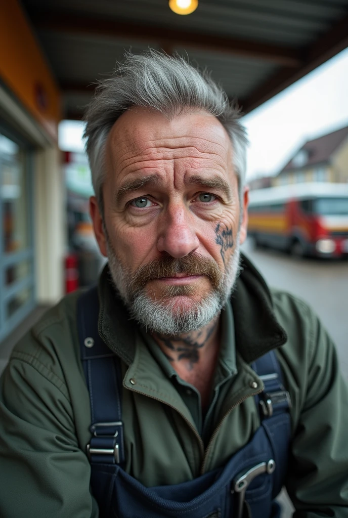 German gas station cashier male with tattoo and silver look and stupid look big nose and squint with the eyes 30 years