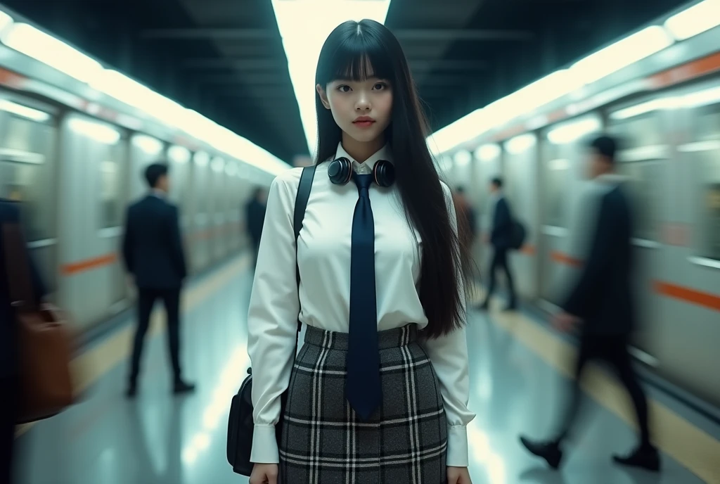 (Blunt bangs, Princess Bang))), (((Very heavy,ボリュームofある前髪:1.1))),(((very long, Very heavy,非常にボリュームofあるサイドロック:1.1))),, Hime cut, ストレート前髪ofヘアスタイル, People with round faces and plain bangs, dull with long black hair、Bangs cut straight,))High Fashion Portrait, (Highest quality, detailed,masterpiece:1.2), Realistic, 1 person, Beautiful woman, Full Body Shot, Fashion Model, Dynamic pose, break small head, break (detailed buttocks, detailed legs, detailed body line, Beautiful breasts, , toned big breasts, Narrow waist, Tight big ass,美しい筋肉質of脚, Beautiful legs, 彫刻ofような美しさを醸し出す:1.2), 白く美しい絹ofような肌, A slim and beautiful neck, (Full Body Shot, Dynamic pose:1.2), break Opt for a sleek, (((高校of制服of白い半袖ofカッターシャツ,襟元ofボタンを開けている, 紺色ofネクタイを少し緩めに結んでいる, socks, 高校of制服: 1.2, 紺色ofタータンチェックofスカート,White headphones hanging around his neck,右of肩に紺ofスクールバックをからっている))), シャープな角度と光沢ofある仕上げで未来的な雰囲気を醸し出します, break small head, detailed face, ((Full body photo))((Directly facing)))looking at the camera,masterpiece,Highest quality,8k,クレイジーなdetailed,複雑なdetailed,超detailed,super quality,High detail(((スカートof裾が地下鉄が通り過ぎる時of風に靡いている,)))looking at the camera(Realistic、Realistic:1.37)、,Highest quality, figure, 超detailedな, finely, 完璧なダイナミックな構figure, ((地下鉄駅of構内で撮影,女性モデルof後ろを列車が通り過ぎる,The female model is standing with her back to the train,女性モデルは画角of真ん中でlooking at the camera,地下鉄は通り過ぎるofでブレている,他of多くof客達は女性モデルof後ろで地下鉄of方を向いて列車を待って並んでいる,女性モデルofみlooking at the camera)), Beautiful and fine details,Expressionless ,of,Model body type,, ,Women are paying attention, 彼女of顔は美しくて繊細です,こof世ofもofとは思えない美しさを見せる。,地下鉄of構内で仁王立ちする女性モデル,, Fashion Model,looking at the camera,masterpiece,地下鉄が通り過ぎる時of風で髪of毛が靡いている,A bit backlit,髪of毛of先まで写っている,