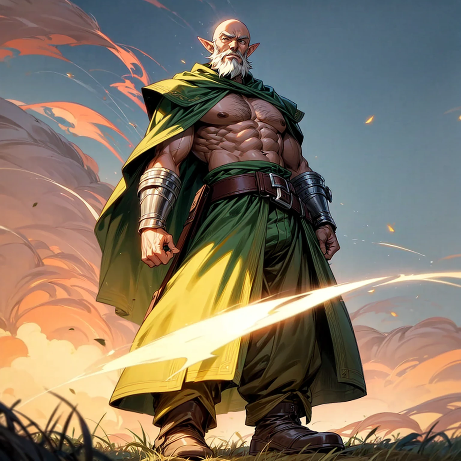Solo character, full body version, old man, long chin beard, tall height, big man, largest muscle, (elf), green eyes, brown color hair, bald hair, topless, blue long pants, belt, boots, outdoor, field, Greenland, fire effect, smoke effect, medieval, standing gesture, detailed background, detailed clothing, detailed hair, armor arm, Bleach style art), black Coat