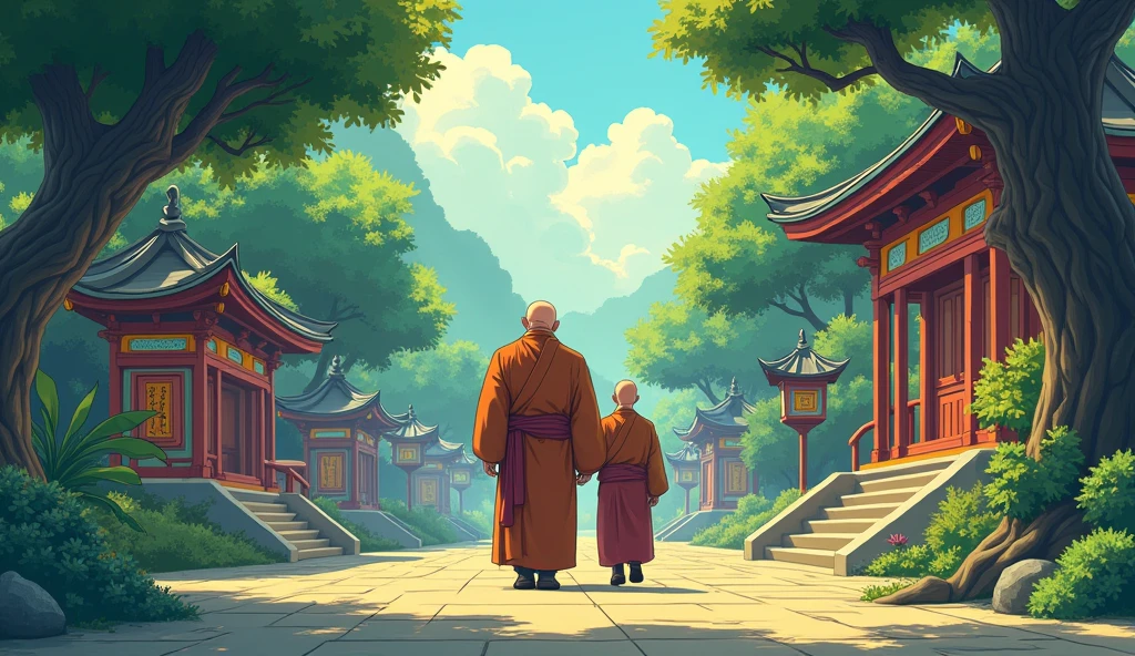 Bald fat monk sensei, Bald monk adult desciple, walking, surrounded by temples, trees, beautiful scenario, in anime style, colourful, standing,