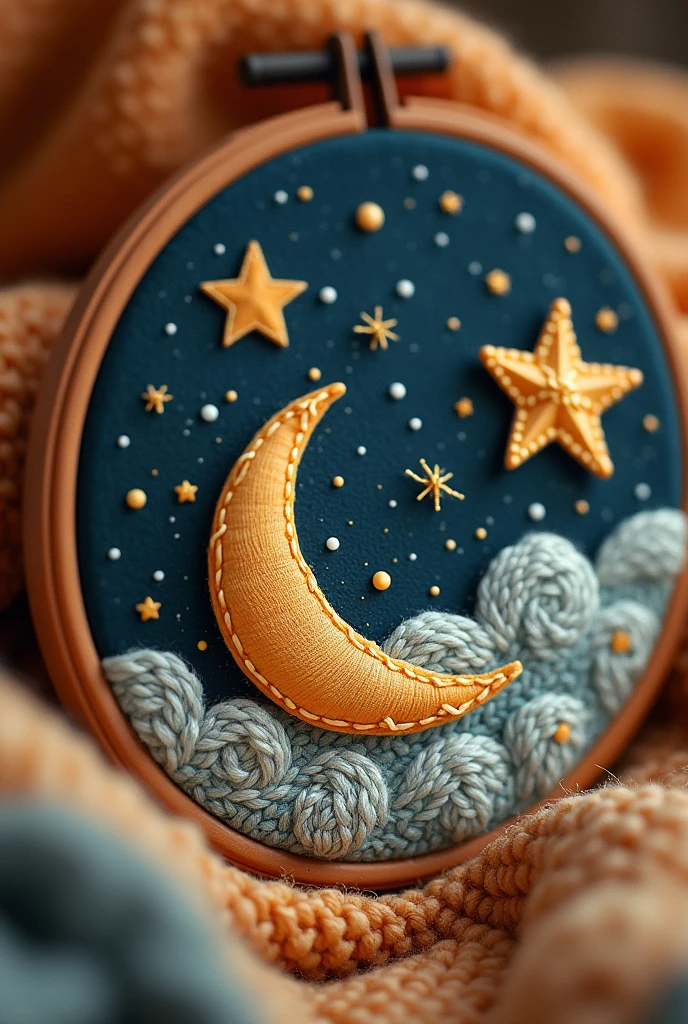 Stitch on a moon and a star next to it