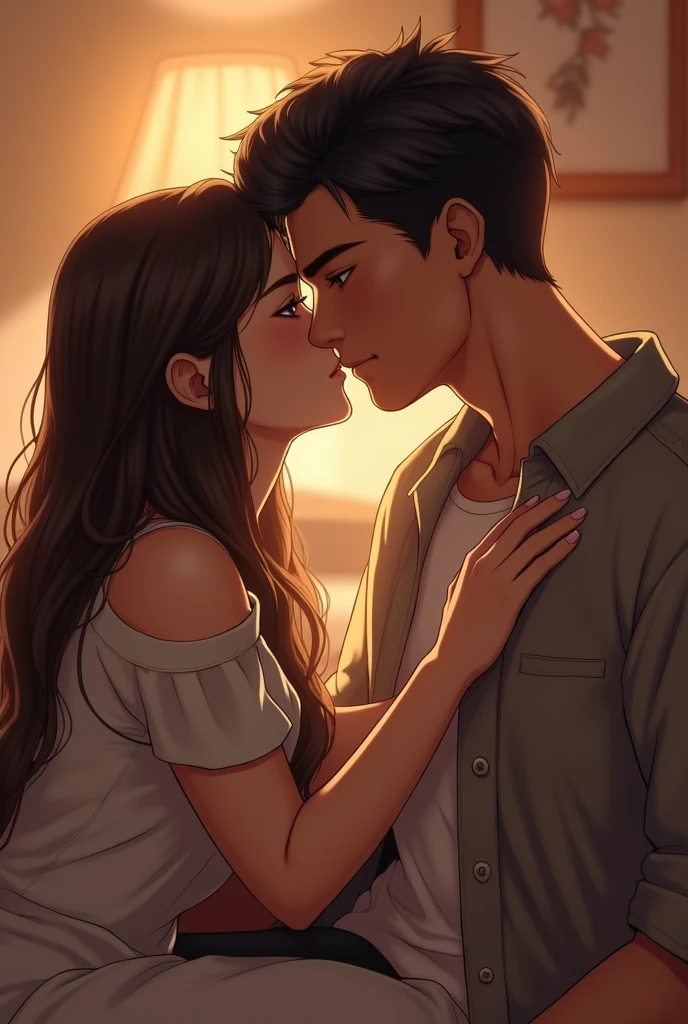 A cute girl with straight hair kisses a handsome guy with straight black hair and no beard.