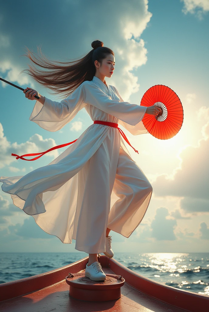 (masterpiece, best quality, beauty, best ratio, best shadows,best Illustration)
uhd,china female kungfu, korean beauty like tae yon, dancing, full face and posture fully visible, shining red eyes, windblown hair, wear white chong sam and traditional tai chi shoe, hoody,hand holding red chinese leaf fan and long sword,on the bow of the ship.bright sky and cloud seen on far away. use the RenderMan renderer.digital art. High definition, high contrast,high color saturation,128k,cinematic lighting, intricate,cinematic advertising photograph,cinema lens,high res.
Samsung Wallpaper size 1080×2400 pixels