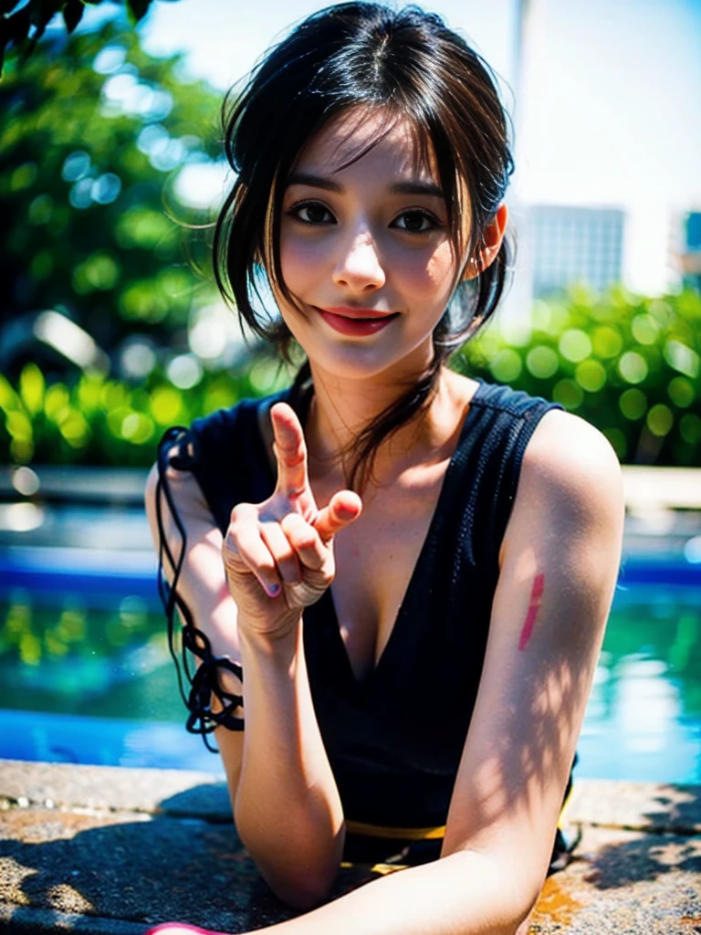 a Close-up portrait of gorgeous smiling cute Japanese woman in a glamorous Fishnet dress outfit, delicate facial features, porcelain-skinned, ponytail, a fusion of young Marion Cotillard's striking eyes and young Anne Hathaway's introspective gaze, long and slender cute face, curved eyebrows, droopy hooded eyes, lower nasal bridge, slim wavy nose, smiling, thin lips, short pixie cut hair, silhouette, bokeh, outstretched right hand to pointing at the viewer, skylight atrium pool background, depth of field, photo, film,