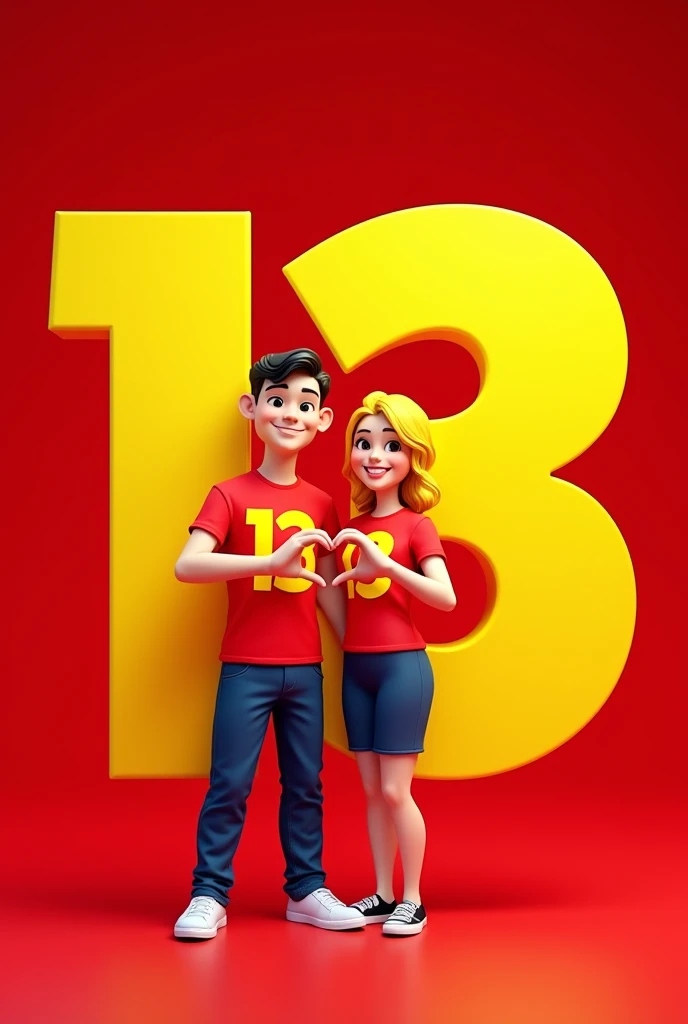 Create a mascot for WhatsApp profile pictures that will symbolize an I.In the colors red and yellow, called 13zinho, which symbolizes a person, a candidate for mayor. The image must represent 2 young people, be it a man with short hair and a young blonde woman, Disney Pixar style. With 13 behind the image, the blouse must be red and the image behind the 13 must also be red. Have 13 on the blouse and 13 behind so that it is more visible. Make the hands come together and make the heart symbol. The background can be only red with the 13 without flowers.