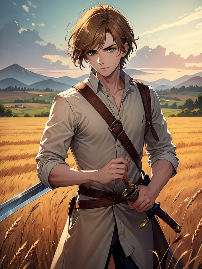 ((Highest quality)), ((masterpiece)), (detailed)、A young man with light brown hair and green eyes holding a sword、The background is a wheat field、Untrimmed hair、good looking