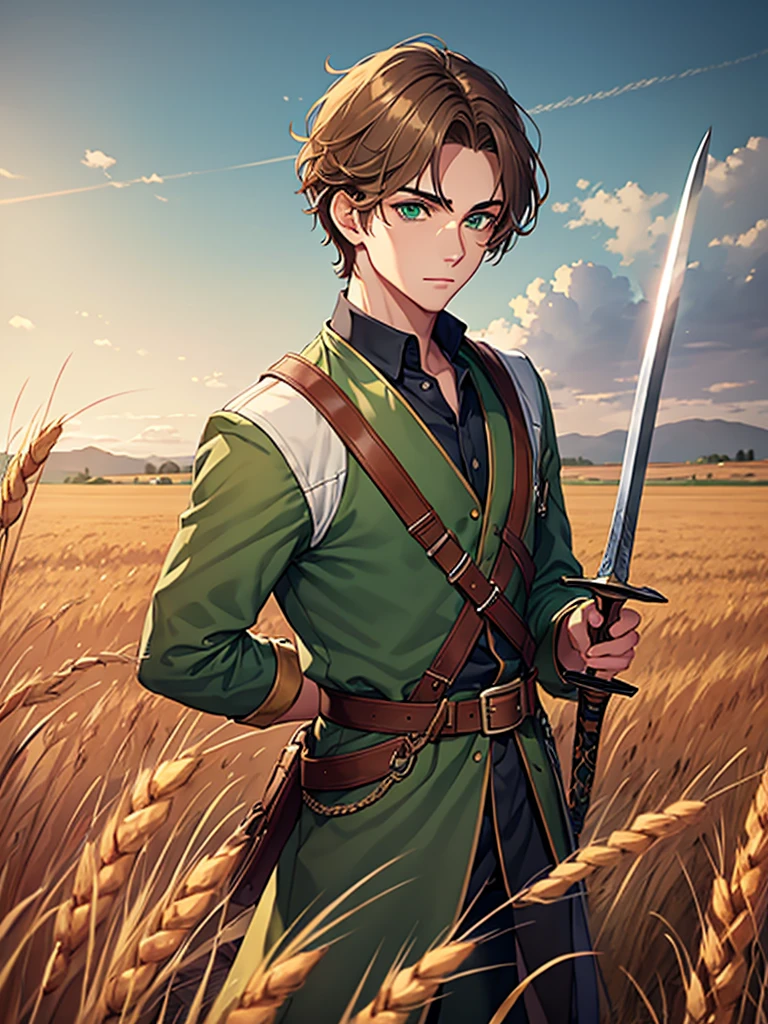 ((Highest quality)), ((masterpiece)), (detailed)、A young man with light brown hair and green eyes holding a sword、The background is a wheat field、Untrimmed hair、good looking