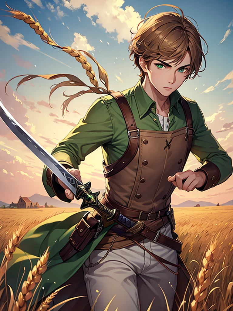 ((Highest quality)), ((masterpiece)), (detailed)、A young man with light brown hair and green eyes holding a sword、The background is a wheat field、Untrimmed hair、good looking