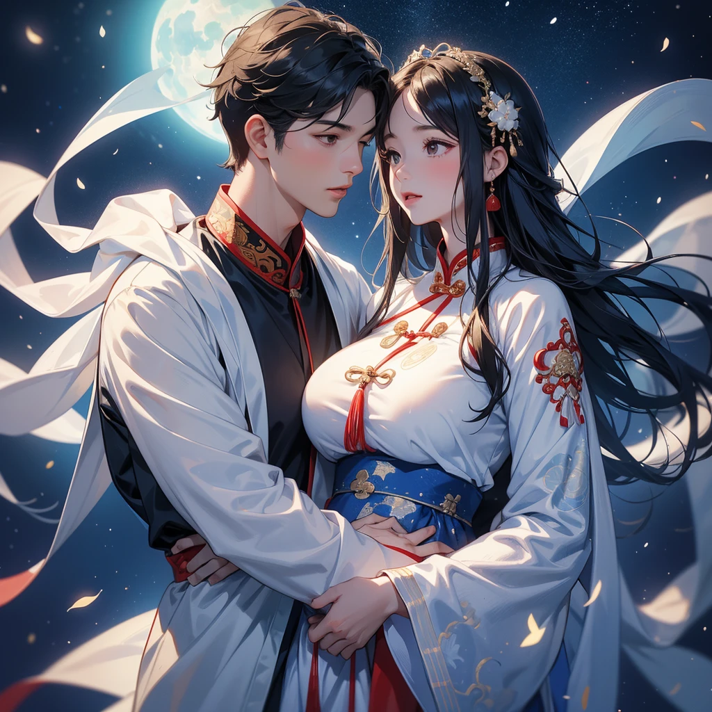A one-year-old baby boy in an ancient Chinese baby costume with his beautiful mother, dressed in an white ancient Chinese costume, playing with each other, with his handsome father standing next to his mother, close up.

Background is a dark night, with moonlight and millions of stars, twinkling everywhere, with blue light.