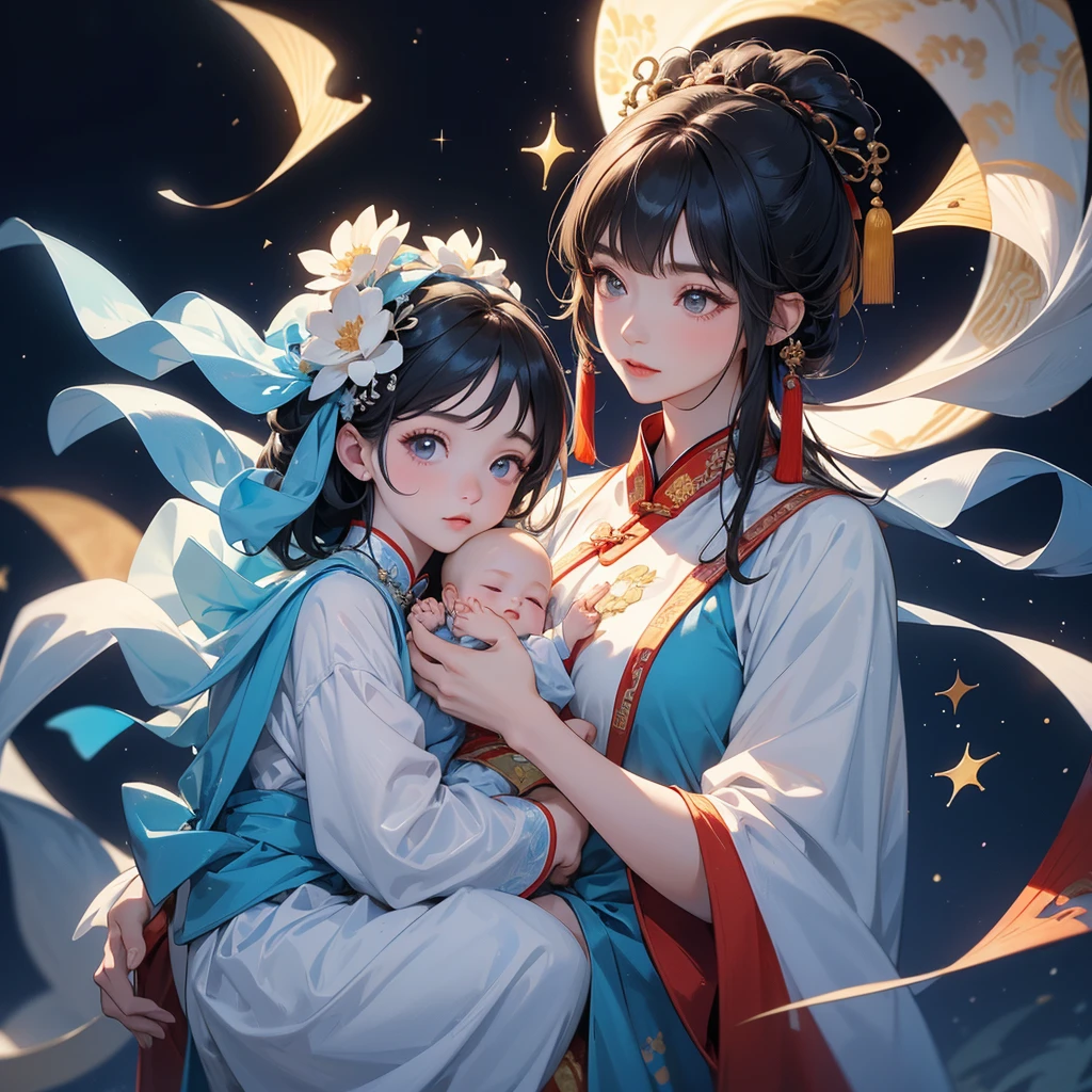 A one-year-old baby boy in an ancient Chinese baby costume with his beautiful mother, dressed in an white ancient Chinese costume, playing with each other, with his handsome father standing next to his mother, close up.
Background is a dark night, with moonlight and millions of stars, twinkling everywhere, with blue light.